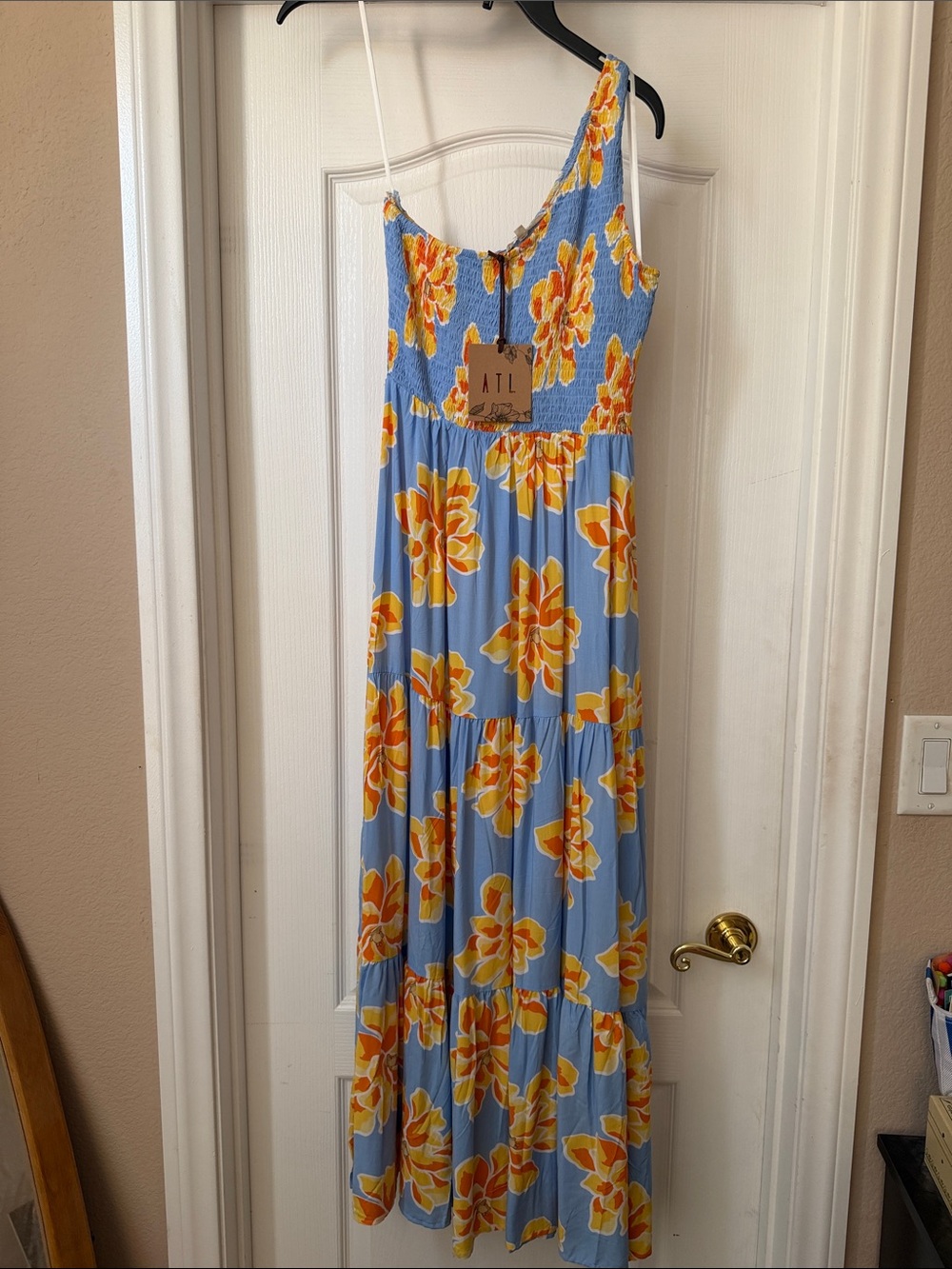 Sky Blue Maxi Dress with Yellow-Orange Floral Print